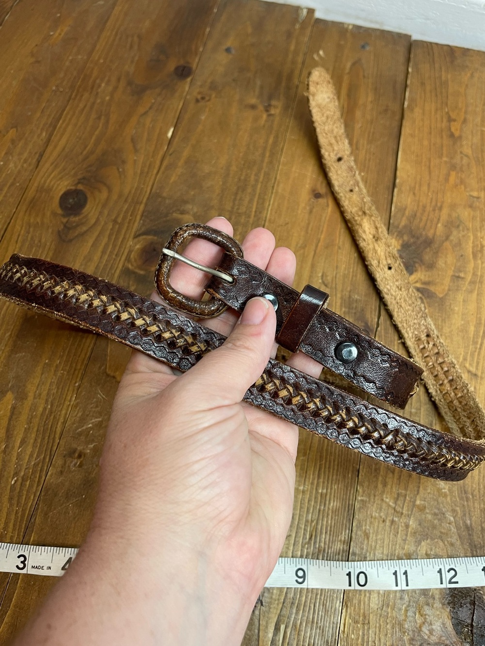 Leather belt size 36 farm brown leather with woven braid design